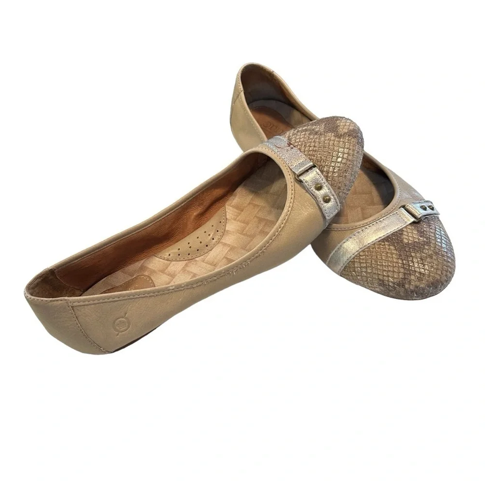 Born Leather Snakeskin Embossed Ballet Flats Tan Size 9.5